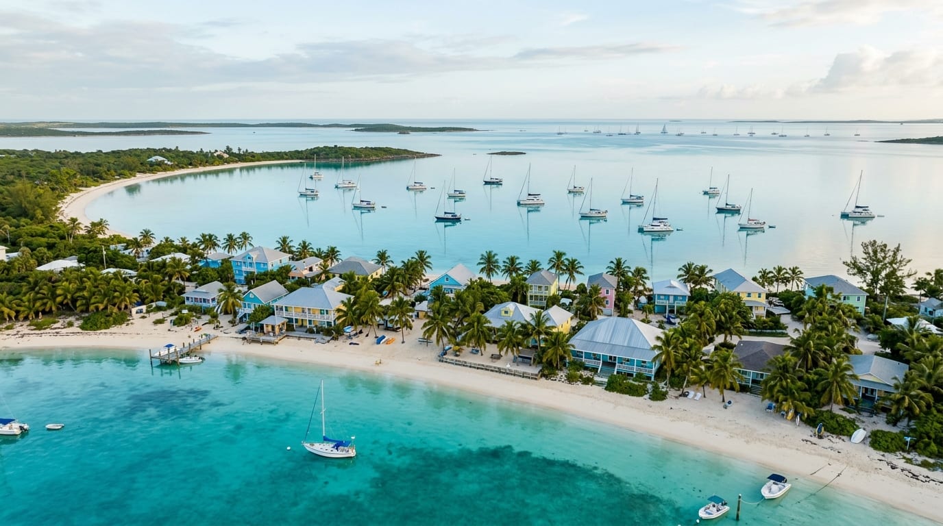 Sailboats at anchor in the calm turquoise waters of Thompson Bay with the village of Salt Pond and palm trees visible along the shoreline