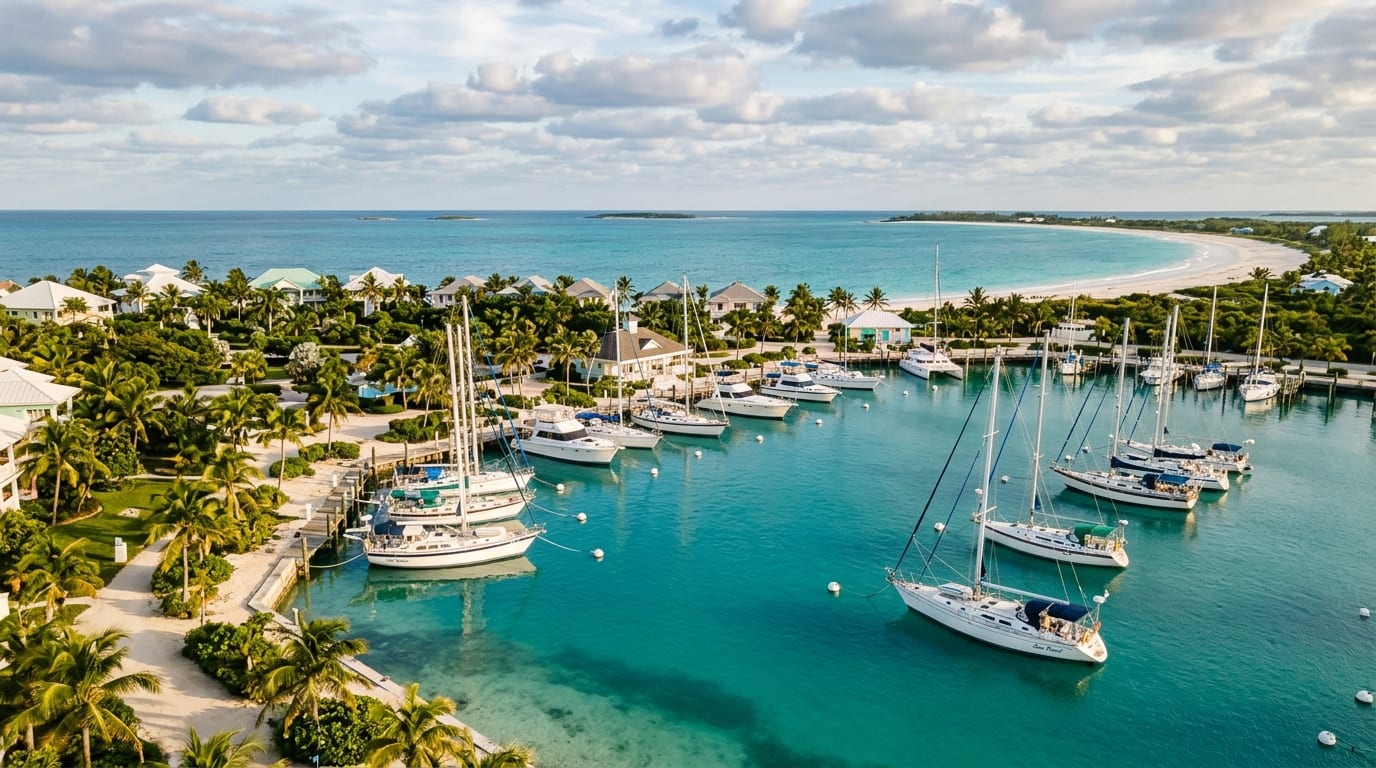 Treasure Cay Marina with sailboats at mooring balls and the pristine white sand beach visible in the background beyond palm trees