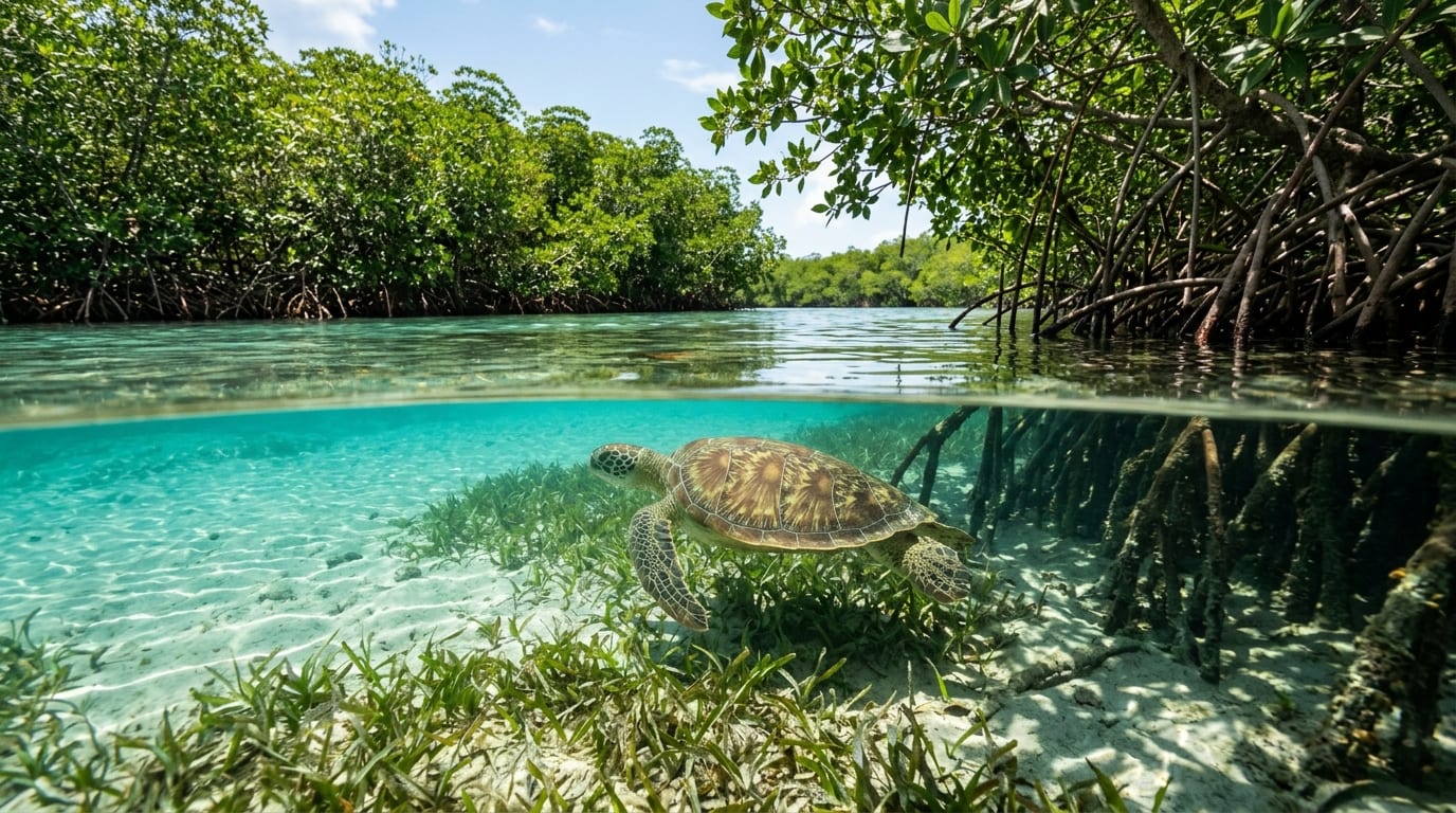Green sea turtle swimming through clear shallow water in a mangrove-lined channel at Union Creek Reserve