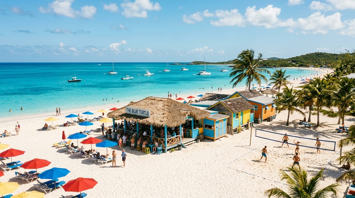 Volleyball Beach at Chat 'N' Chill on Stocking Island with cruisers enjoying the white sand beach and turquoise water
