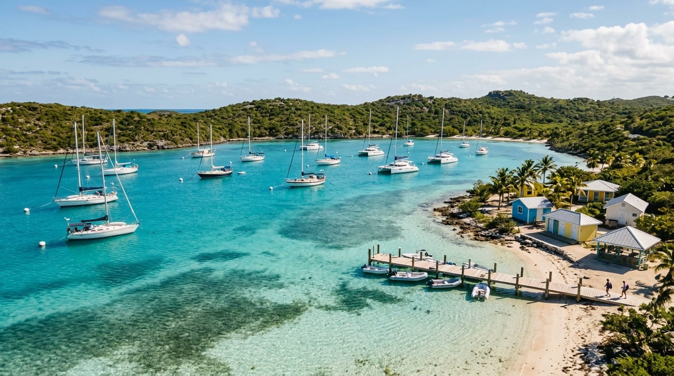 Yachts on mooring balls in the turquoise waters of Warderick Wells North harbour with Boo Boo Hill rising in the background