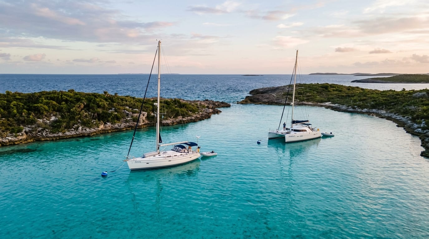 Small mooring field in calm turquoise water between two low Bahamian cays with Exuma Sound visible beyond