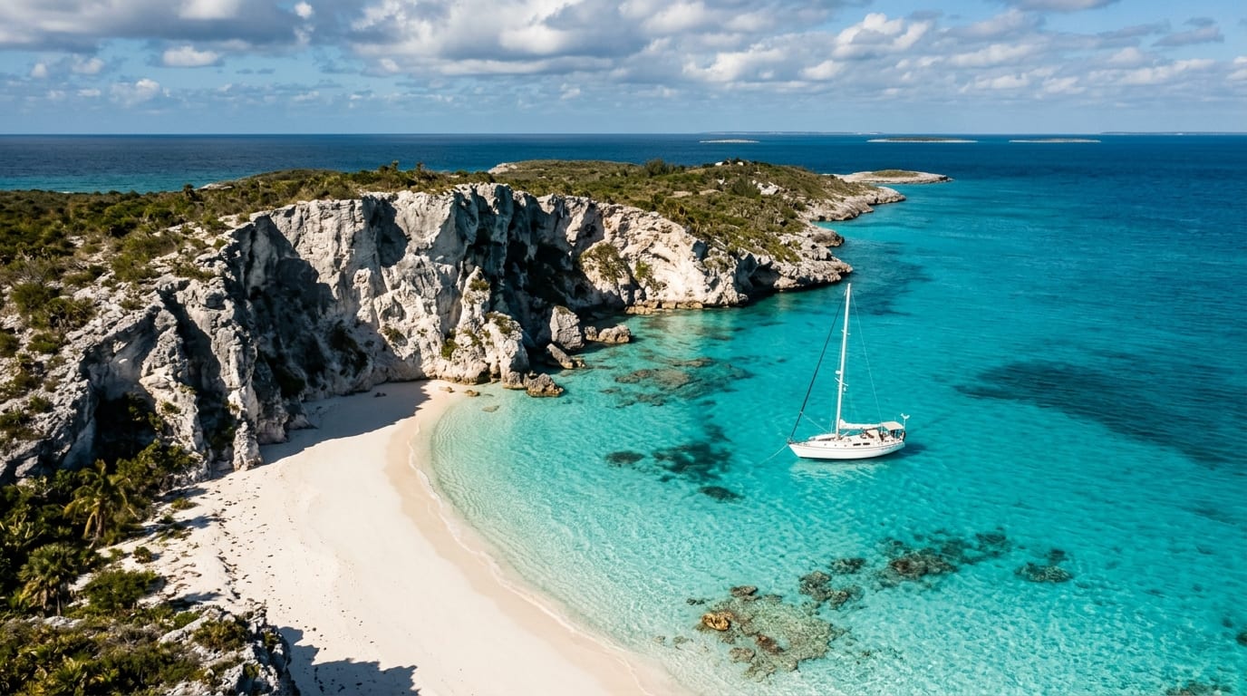 White limestone cliffs and turquoise waters at Water Cay with sailing yacht anchored in protected bight along the western shore