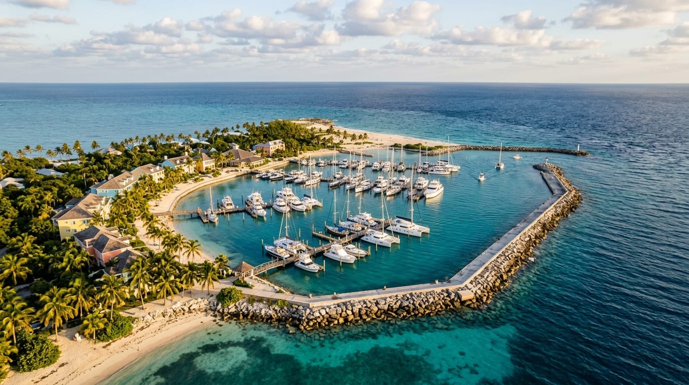 Aerial view of West End Settlement Point showing the marina breakwater, turquoise waters, and the western tip of Grand Bahama Island