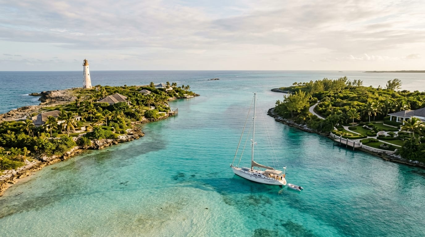 Protected anchorage between Whale Cay and Bird Cay in the Berry Islands with the abandoned lighthouse visible on Whale Cay's point