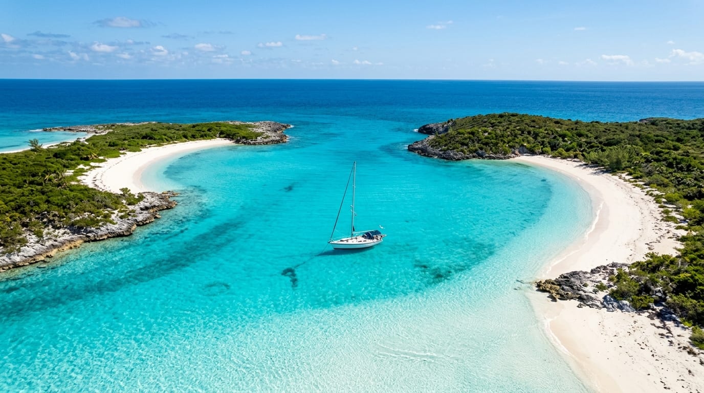 Deep turquoise water between White Cay and Devils Cay in the Berry Islands with pristine white sand beaches visible on both uninhabited cays