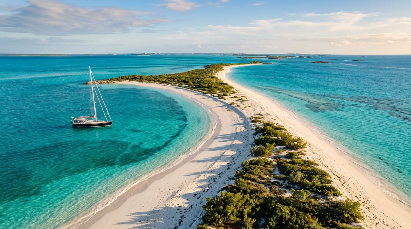 Pristine white sand spit of White Point extending into crystal turquoise water with a sailing yacht anchored in the lee on Great Guana Cay