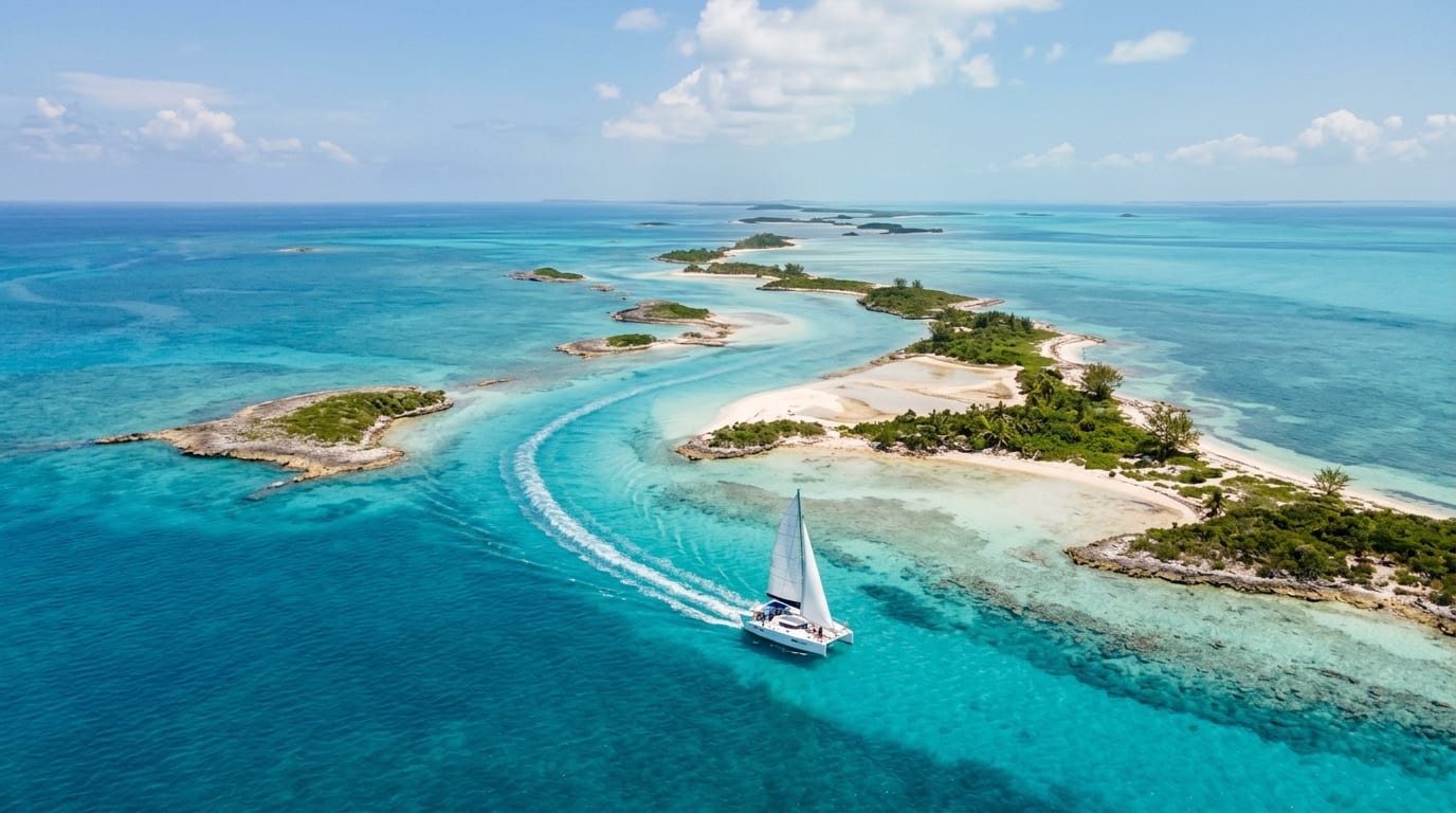 High aerial view of a sailing catamaran tracing a wake through a chain of turquoise-fringed Bahamian cays