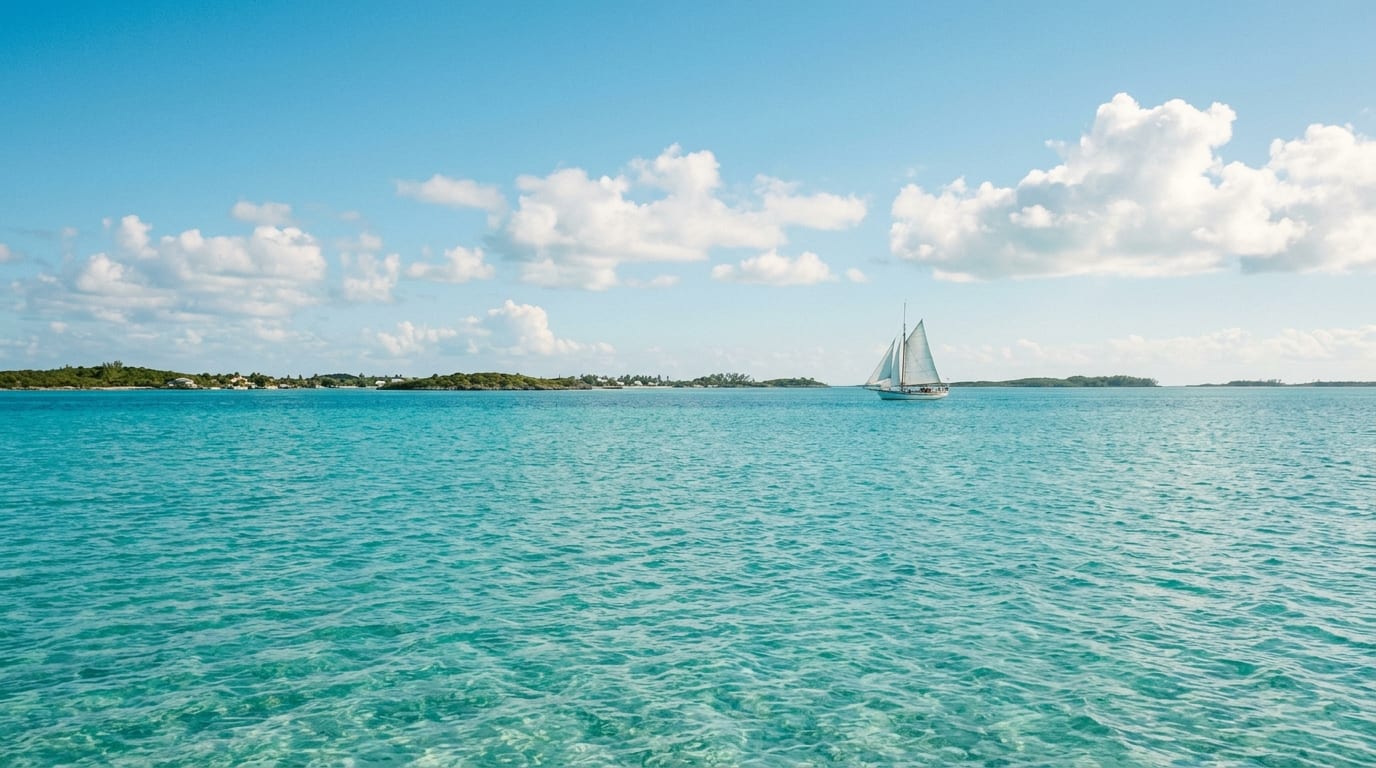 A calm sunny day on the Sea of Abaco with fair-weather clouds and a distant sailboat on turquoise water