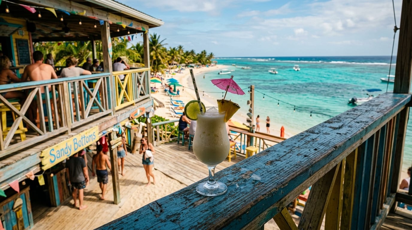 A frozen tropical cocktail on the railing of a brightly painted beach bar deck overlooking a turquoise reef