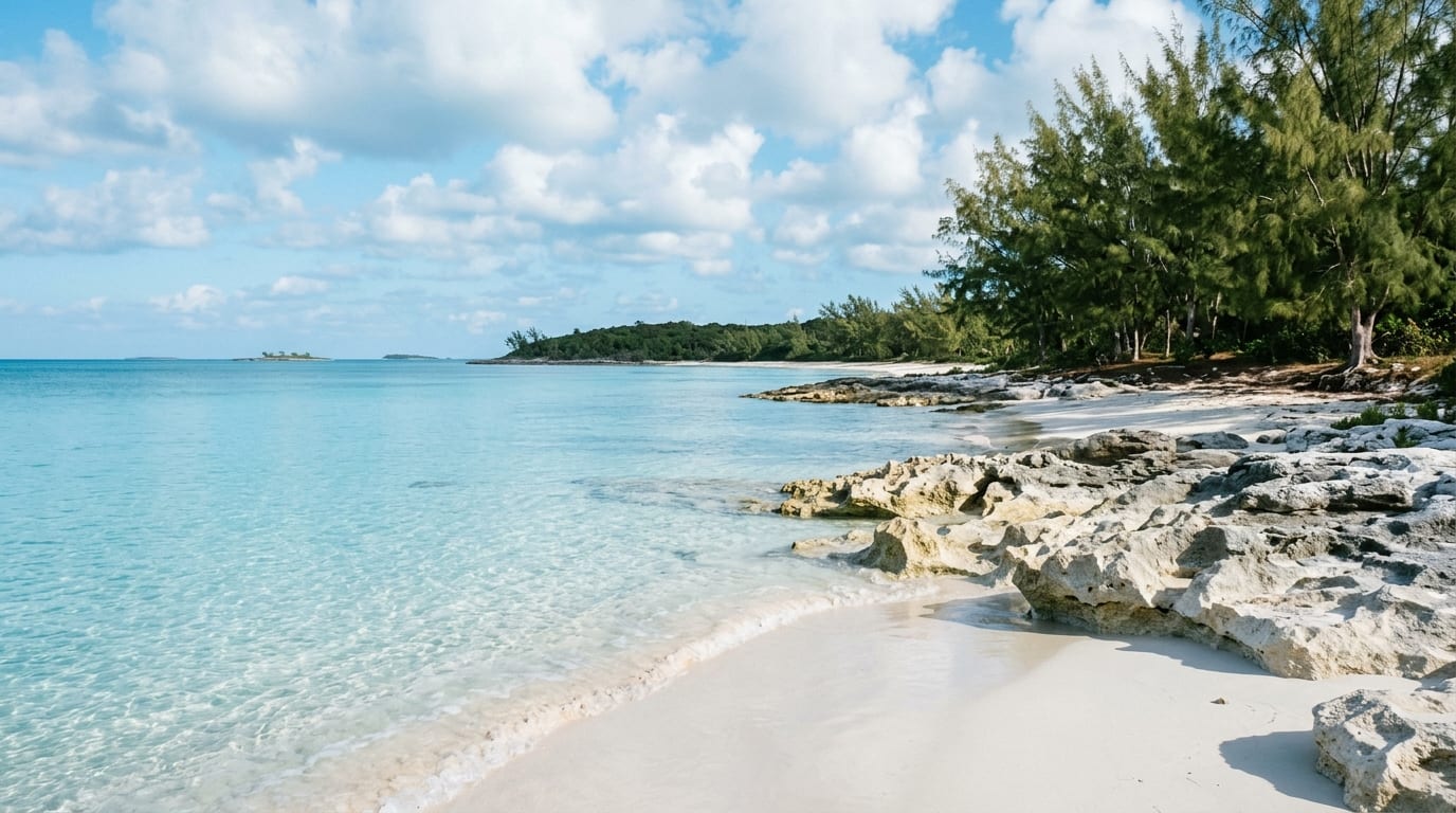 Calm turquoise shallows at Alabaster Bay Beach with white sand and distinctive pale rocks along the Central Eleuthera shore