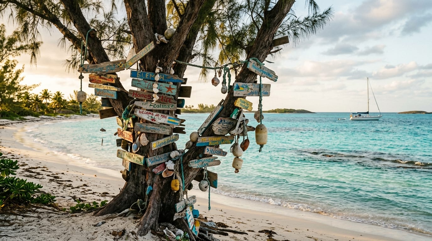 Turquoise waters of the Sea of Abaco lapping a sandy beach at Allans-Pensacola Cay, with colorful driftwood signs hanging from a weathered tree along the shoreline.