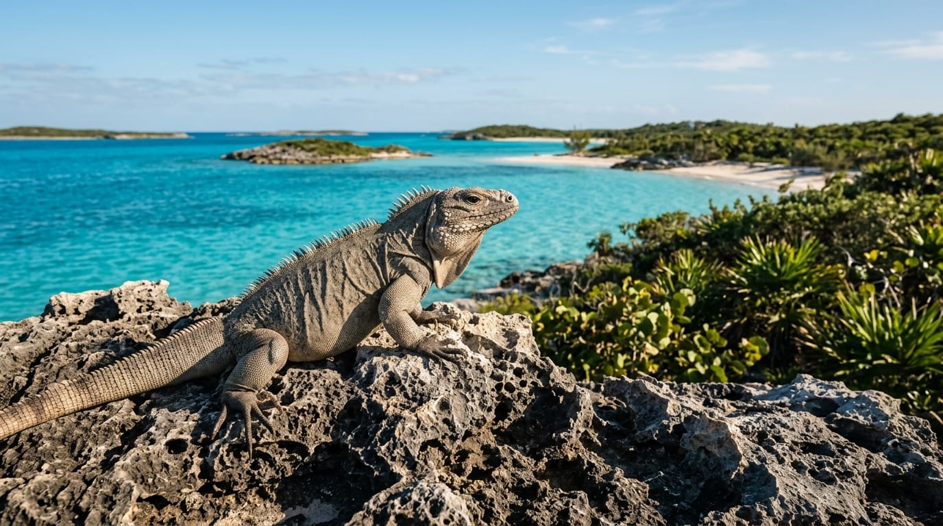 Allen Cays rock iguana basking on limestone rocks with turquoise Exuma waters in background