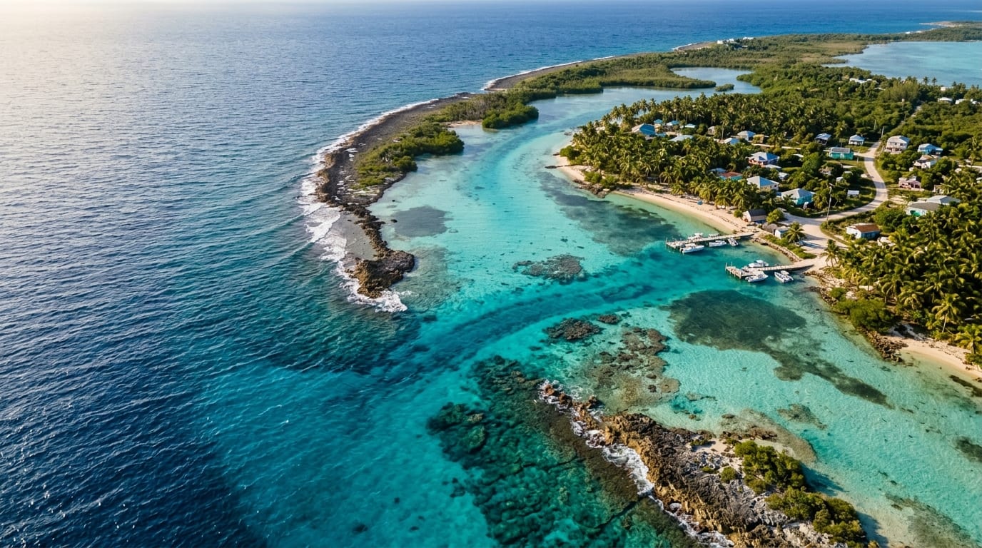 Aerial view of the turquoise waters off Fresh Creek with the Andros Barrier Reef visible beneath the surface and the coastline of North Andros in the background