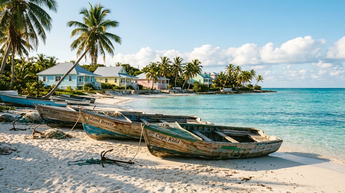 Weathered wooden fishing boats resting on white sand beach in Arthur's Town with palm trees swaying against a clear blue sky