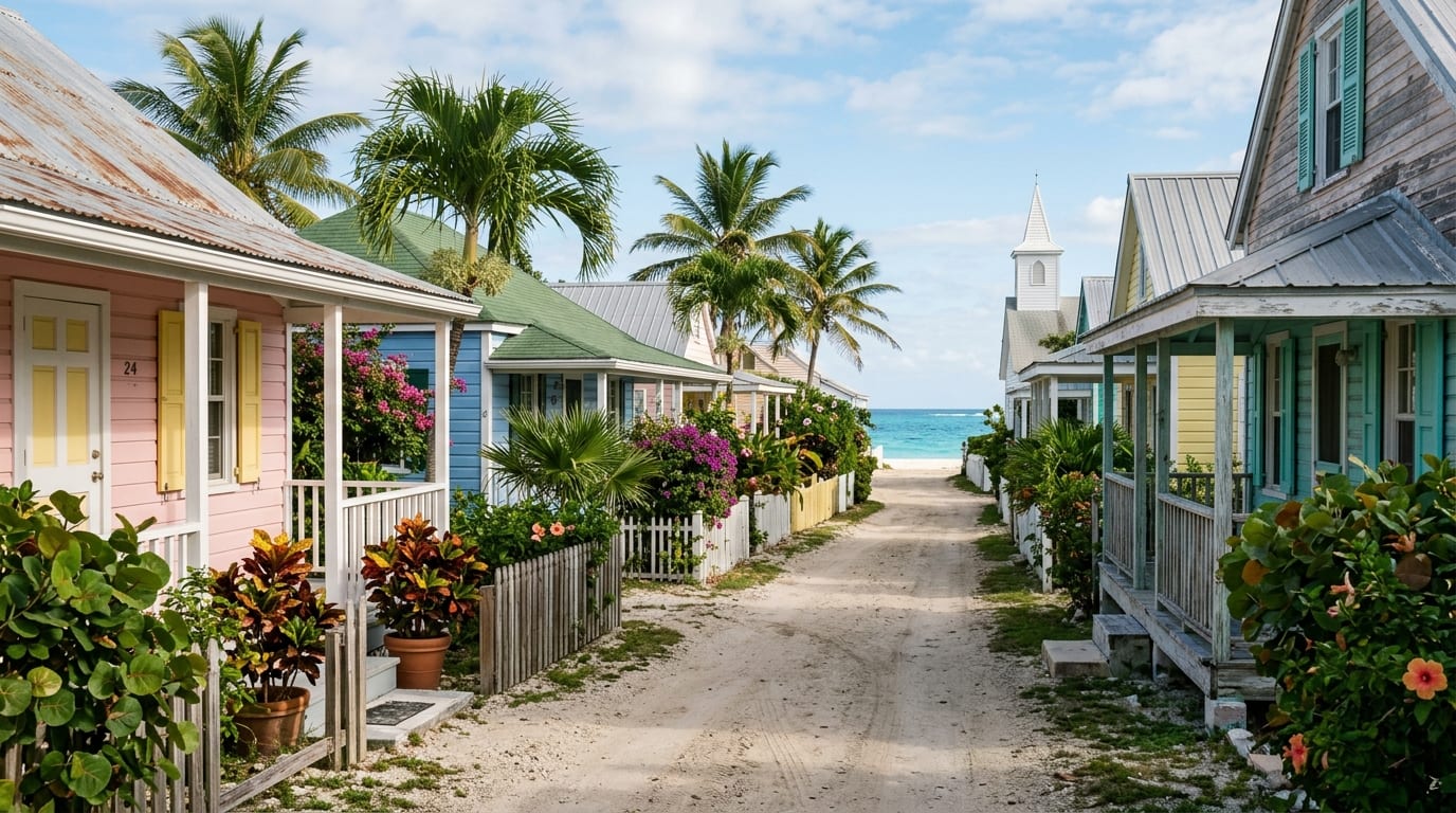 Colorful houses with tropical vegetation in Bailey Town settlement on North Bimini with ocean visible in background