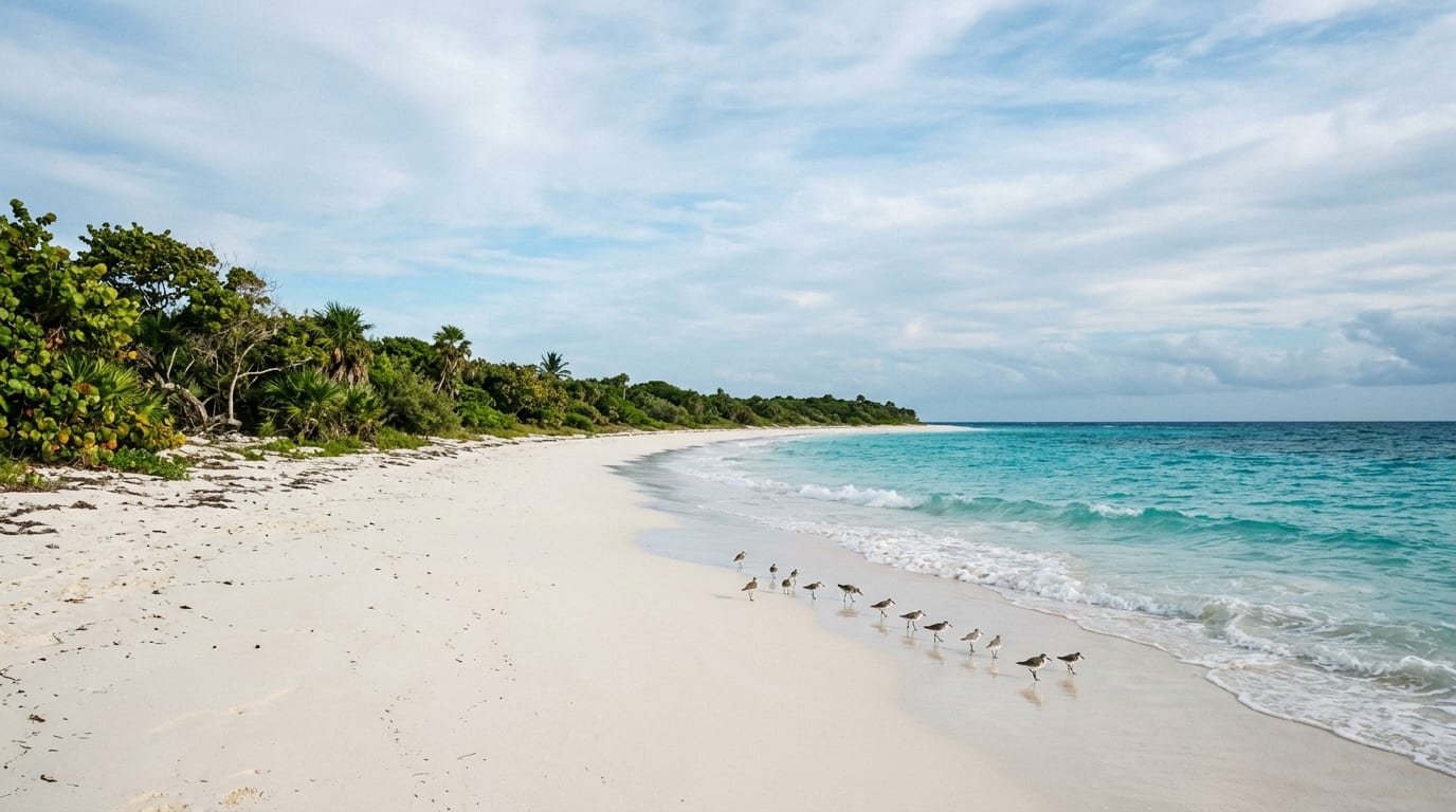 Pristine empty white sand beach at Barbary stretching into the distance with turquoise water and no signs of development
