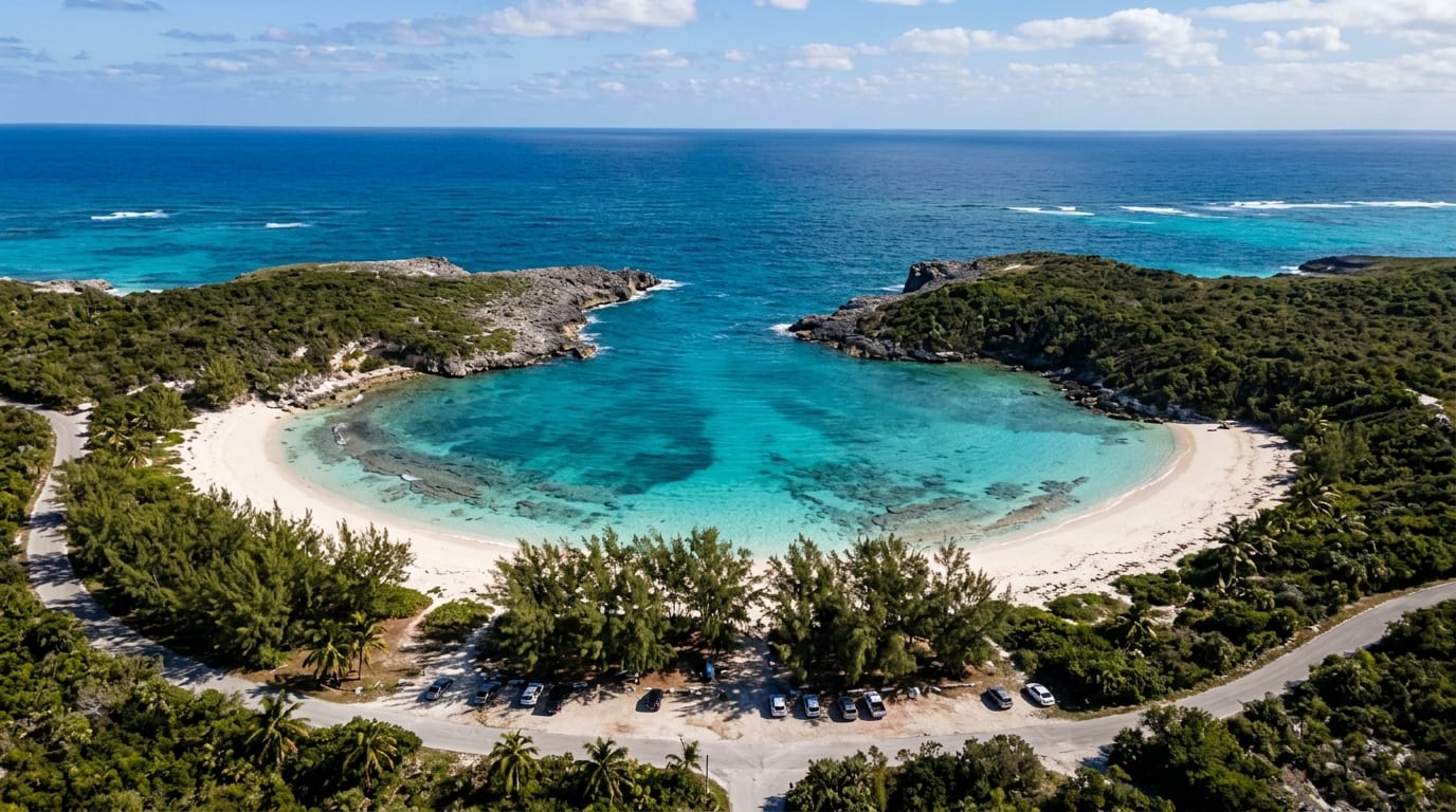Horseshoe-shaped Ben Bay Beach with calm turquoise lagoon waters surrounded by white sand and casuarina trees