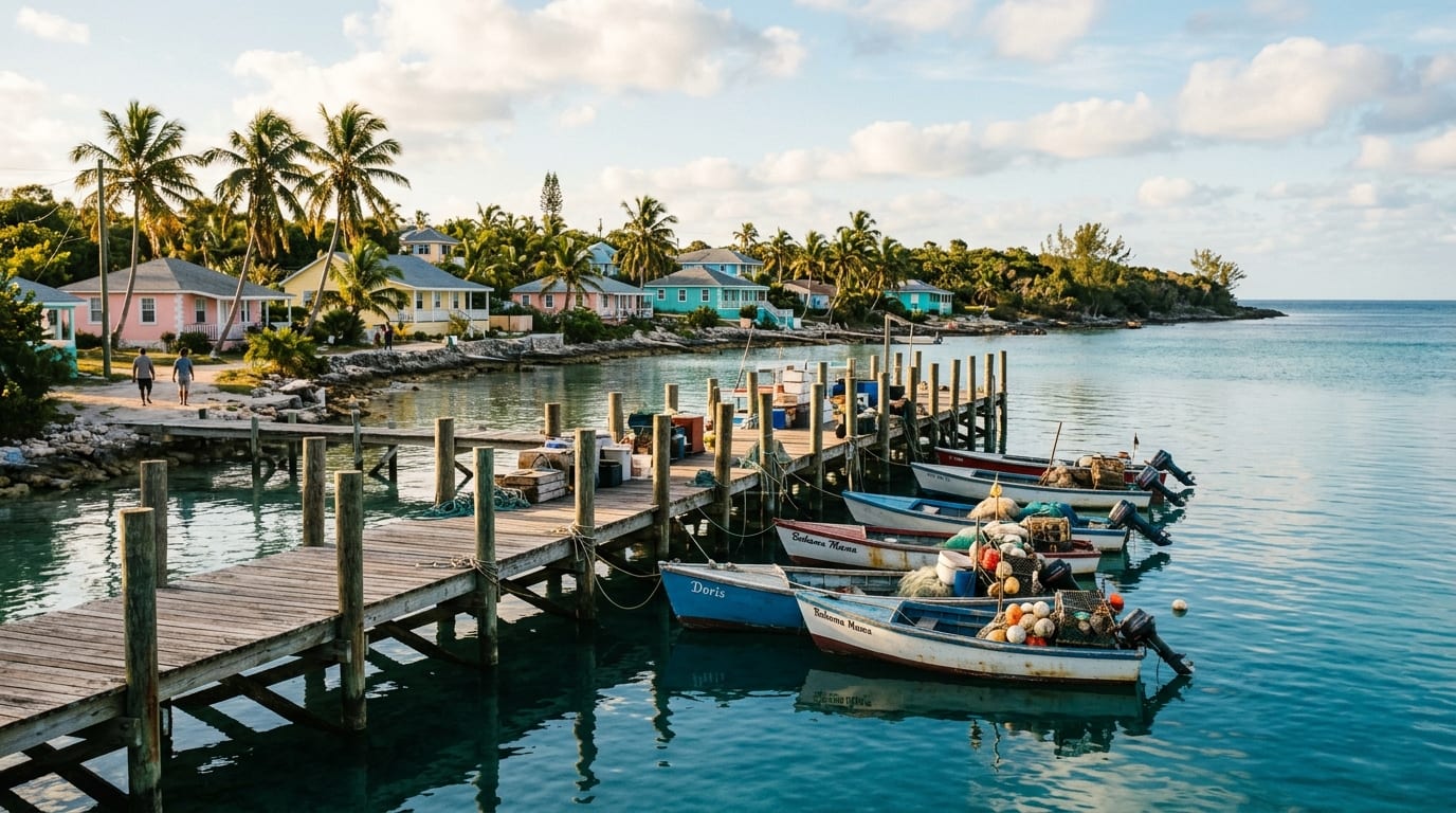 Government dock extending into calm harbour at Bennett's Harbour Cat Island Bahamas with wooden boats