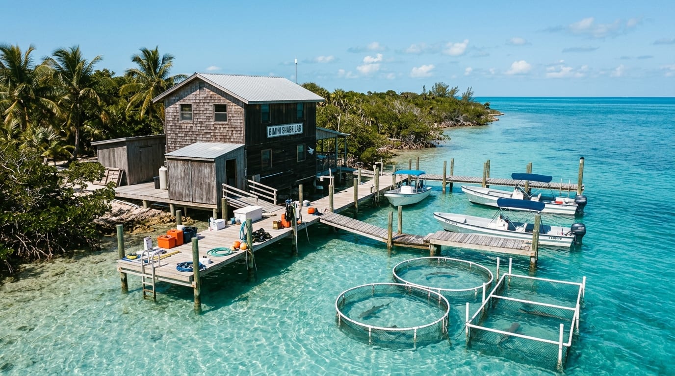 The Bimini Biological Field Station Sharklab buildings on the shore of South Bimini with research boats at dock
