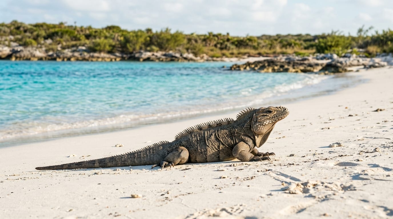 Rock iguana on sandy beach at Bitter Guana Cay with turquoise water and low vegetation