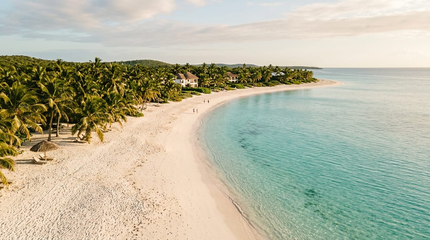 Powder white sand beach meeting calm turquoise water at Bonefish Bay Club Med San Salvador Bahamas