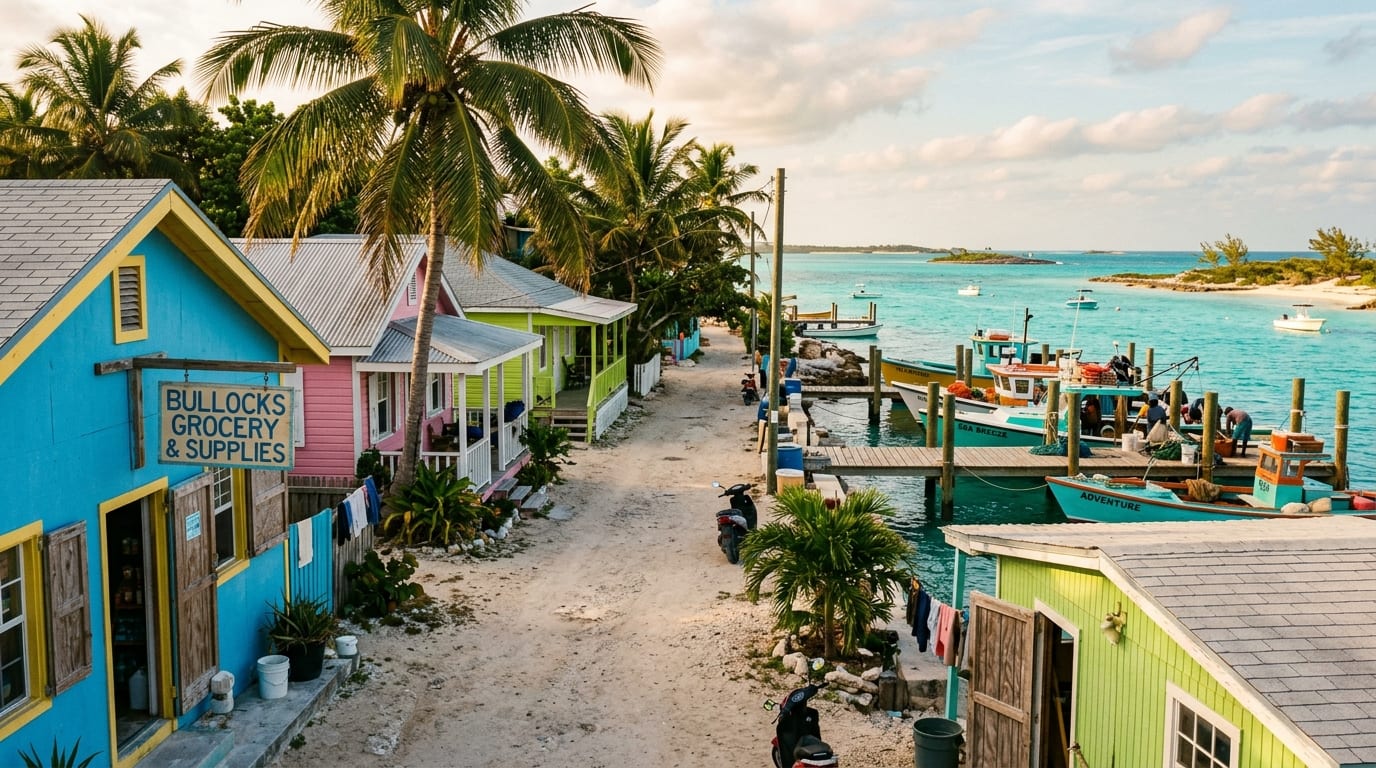 Colorful buildings and boats in Bullocks Harbour, the capital settlement of the Berry Islands Bahamas
