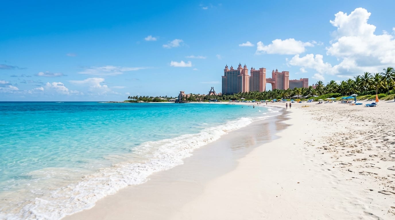 White sand and turquoise water at Cabbage Beach on Paradise Island with the Atlantis resort towers in the background