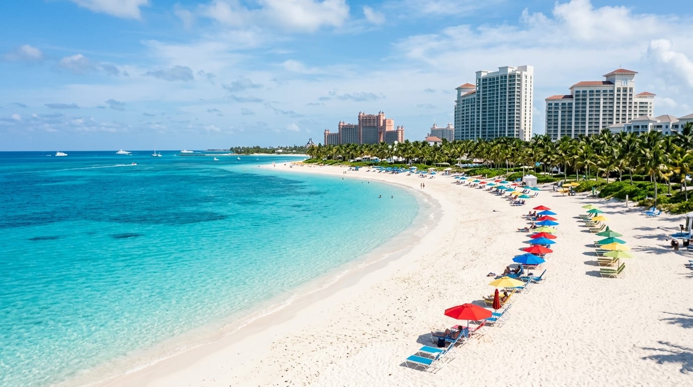 Turquoise water and white sand at Cable Beach, Nassau, with resort towers and palm trees in the background