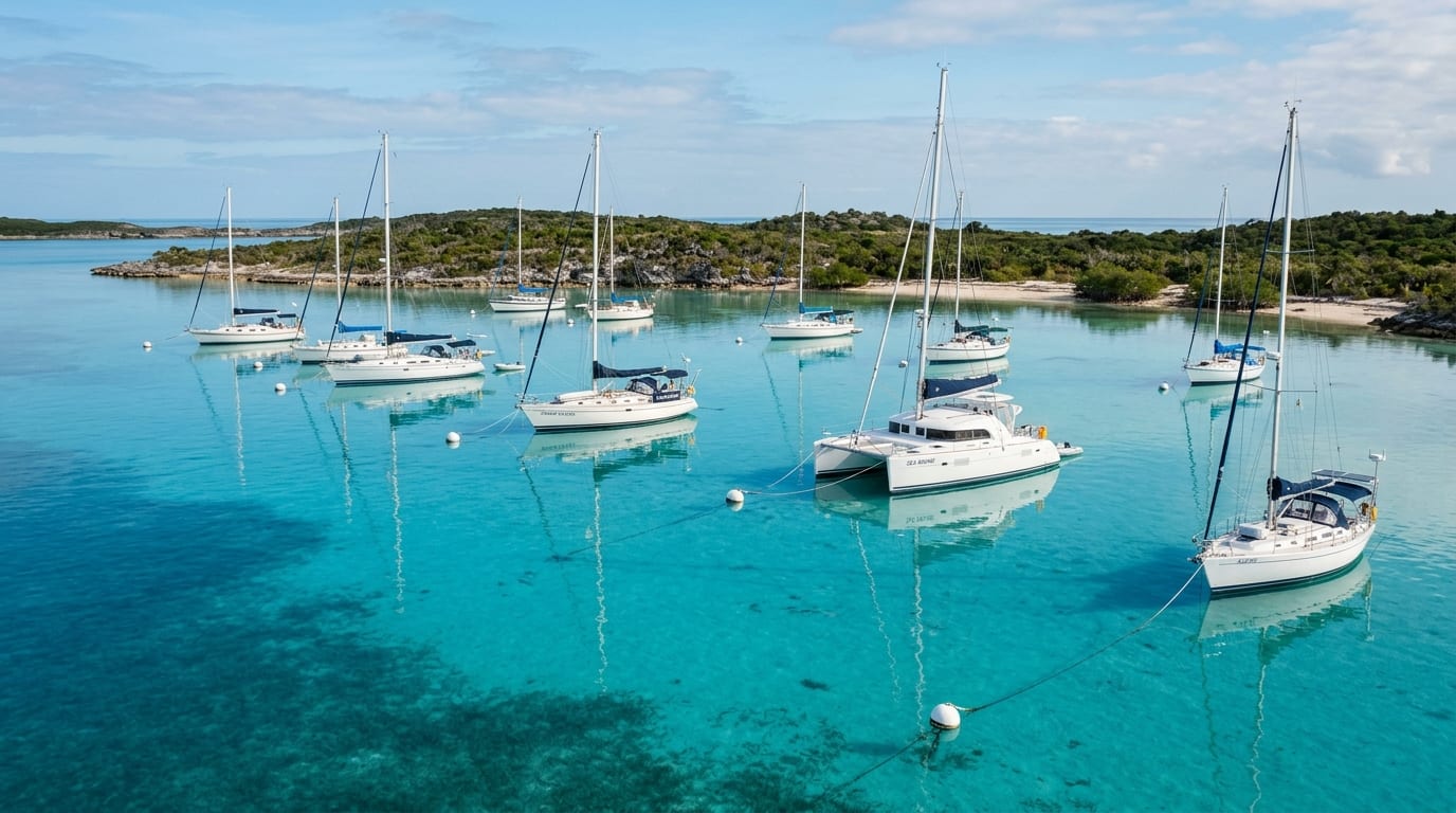 Moored yachts in turquoise waters at Cambridge Cay within Exuma Cays Land and Sea Park