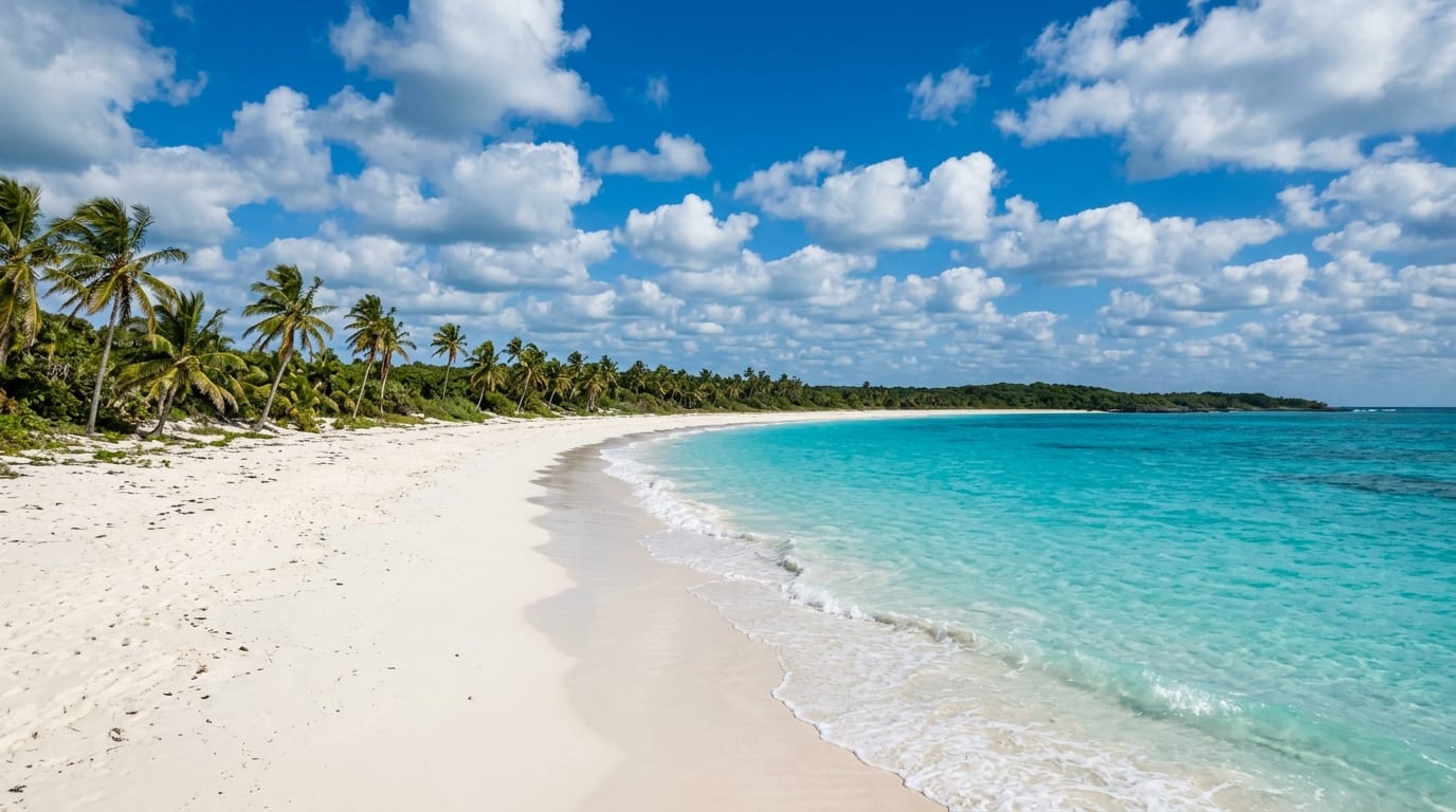Pristine white sand beach curving along turquoise bay at Cape Santa Maria Long Island Bahamas