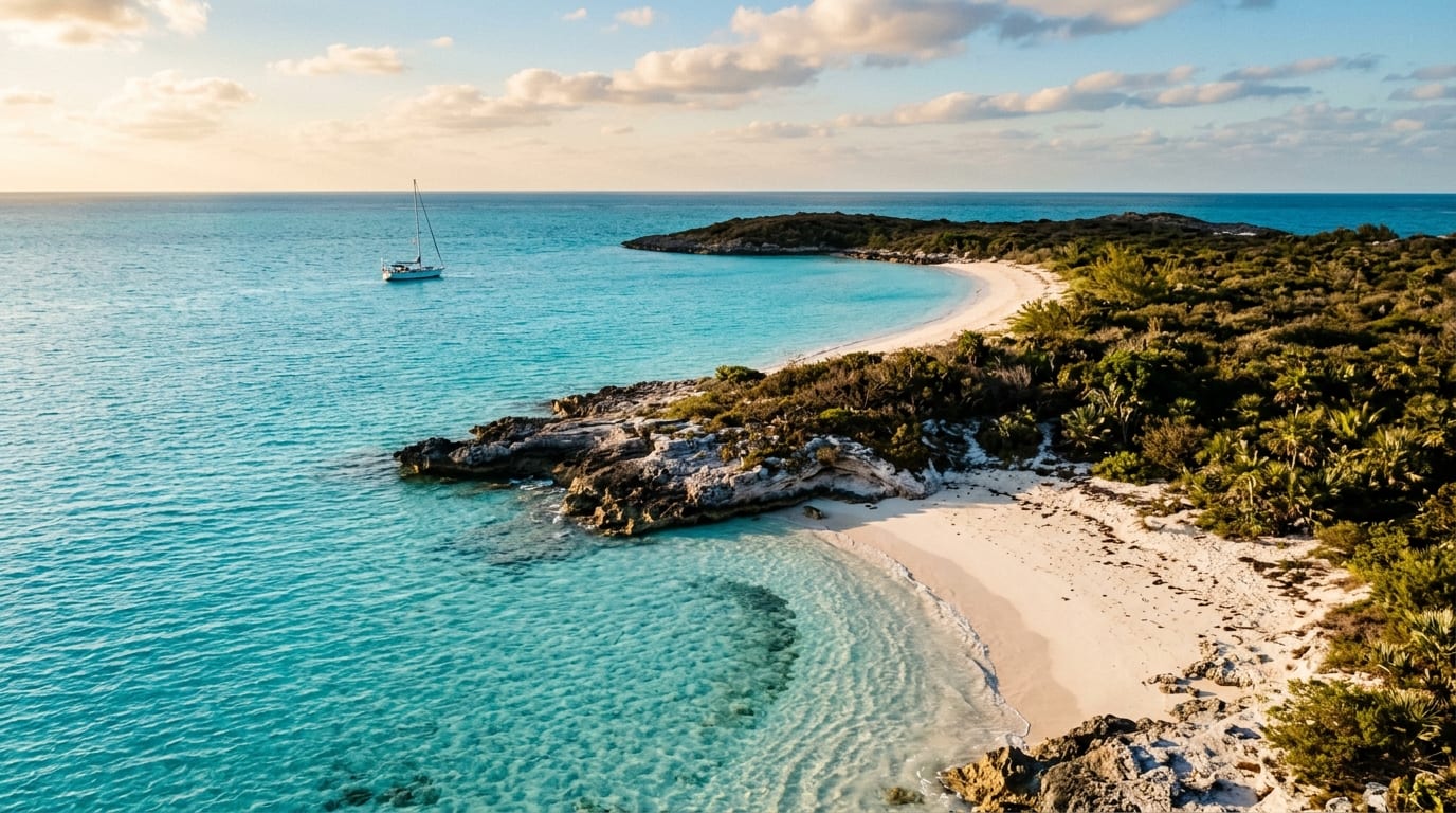 Remote uninhabited cay in the Northern Abacos with white sand beach and low vegetation surrounded by turquoise waters