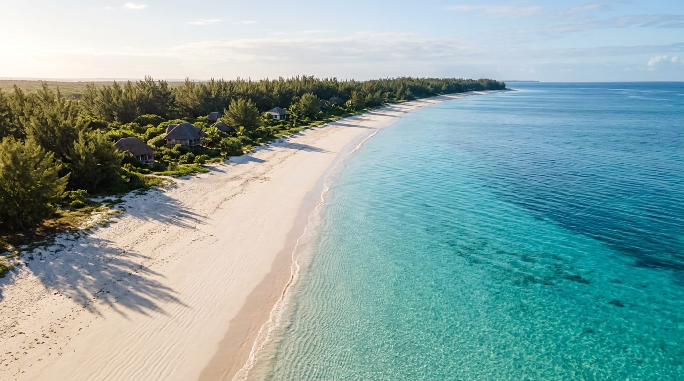 Long stretch of white sand beach at Casuarina Point with crystal clear shallow turquoise water and casuarina pine trees along the shore