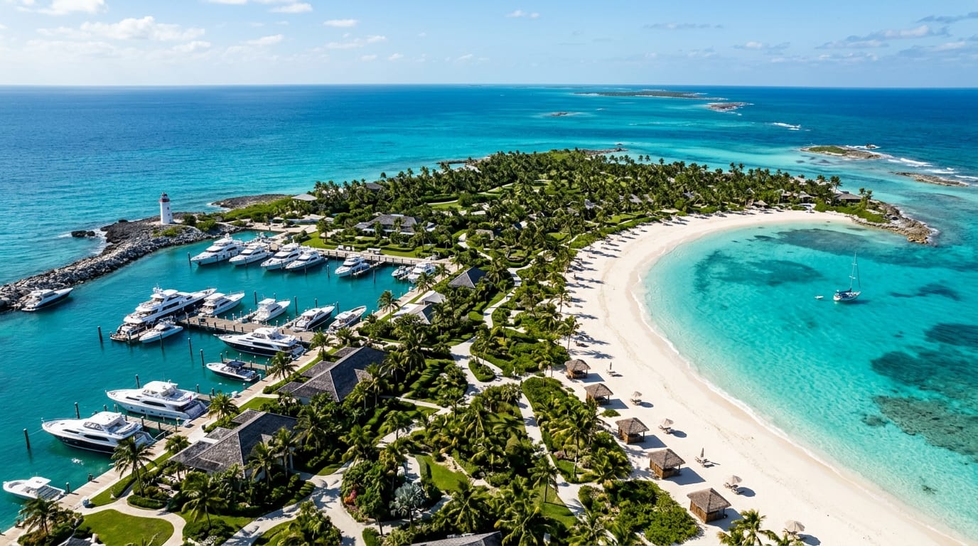 Aerial view of Cat Cay marina with yachts docked at piers, pristine beach, and turquoise waters surrounding the private island