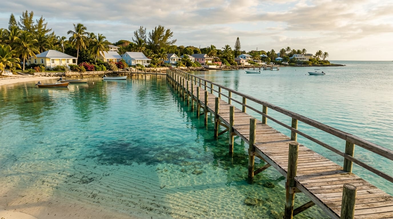 Cherokee Sound Beach showing the long wooden dock stretching into calm turquoise water with a small Loyalist village in the background