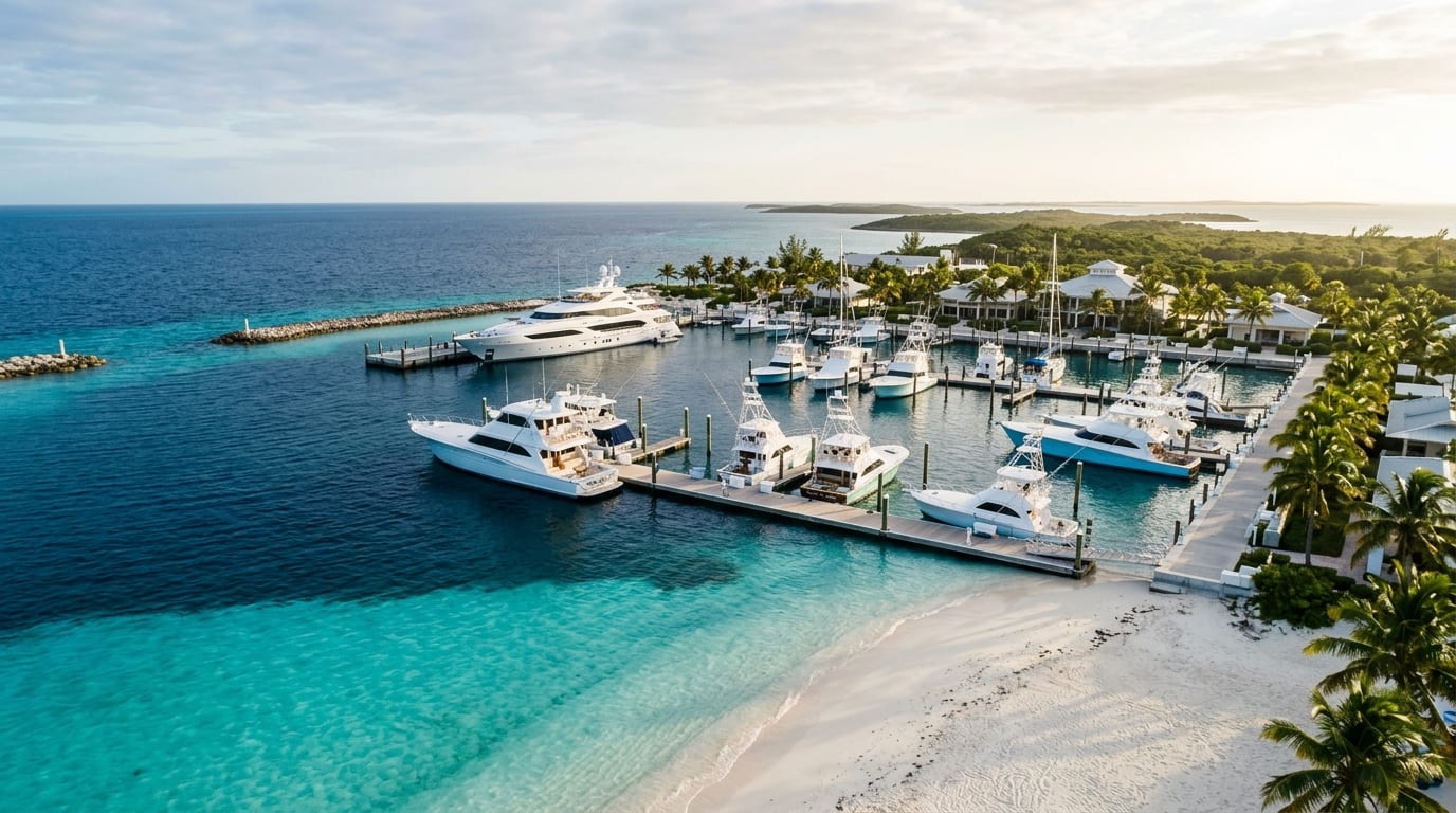 Sport fishing boats at Chub Cay Marina in the Berry Islands Bahamas with deep blue Tongue of the Ocean waters in the background