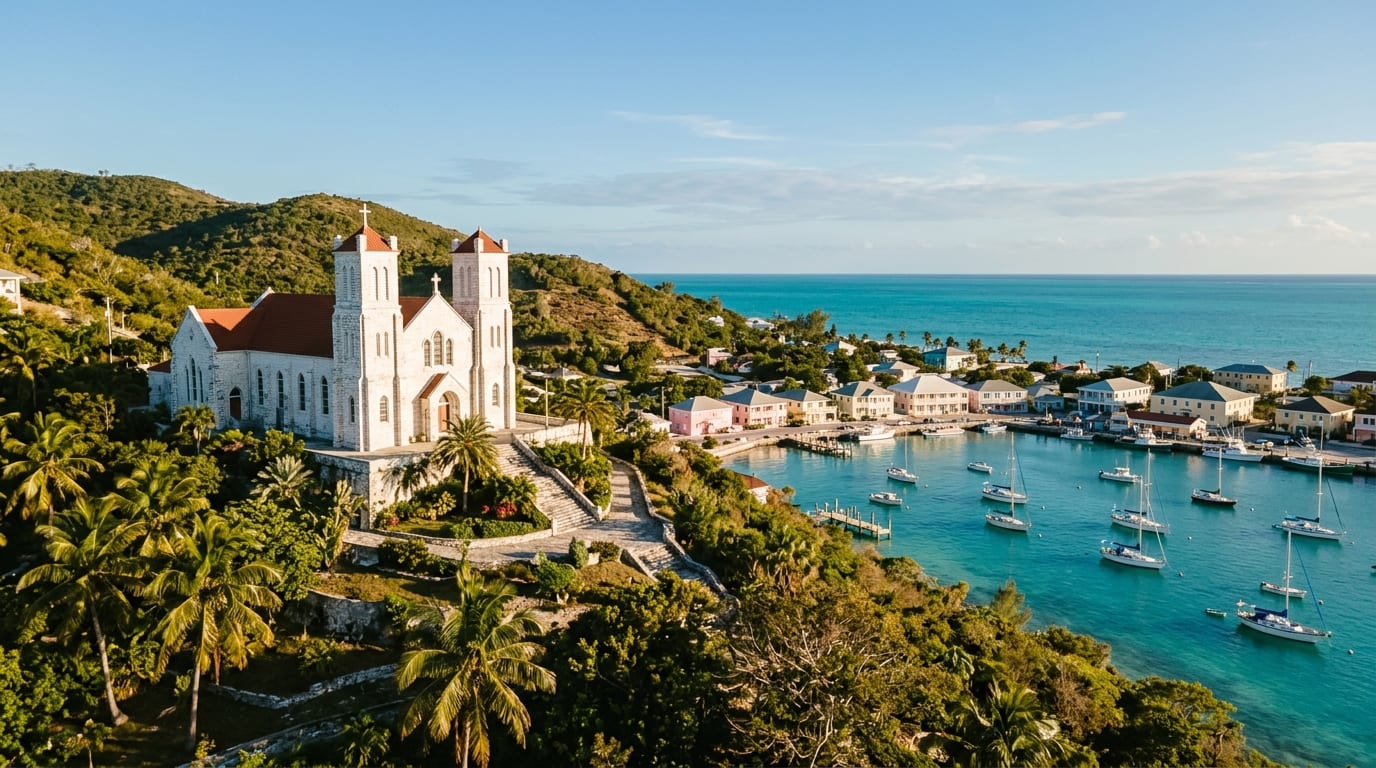 Twin-spired Catholic church overlooking Clarence Town harbour with turquoise waters and sailboats at anchor