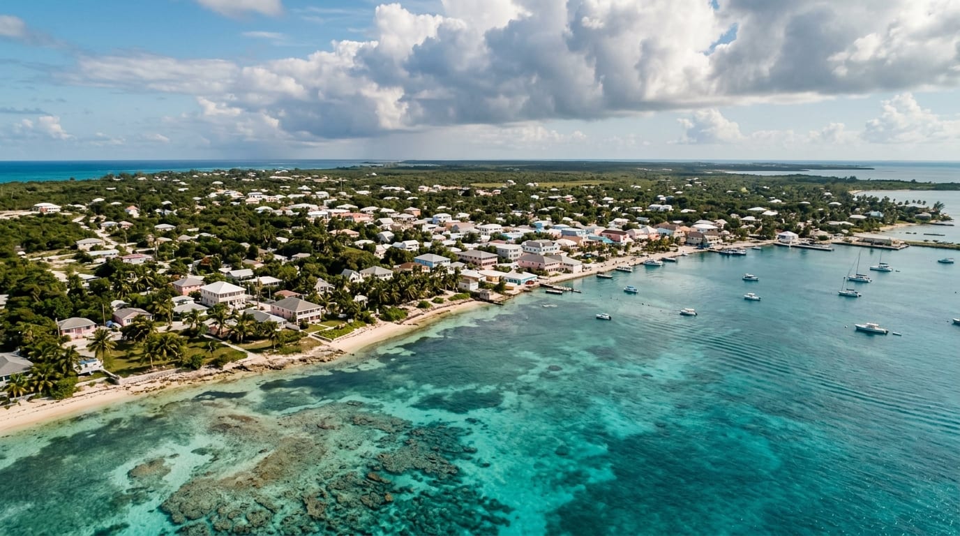 Aerial view of Cockburn Town San Salvador with turquoise waters and white sand beaches stretching along the coast