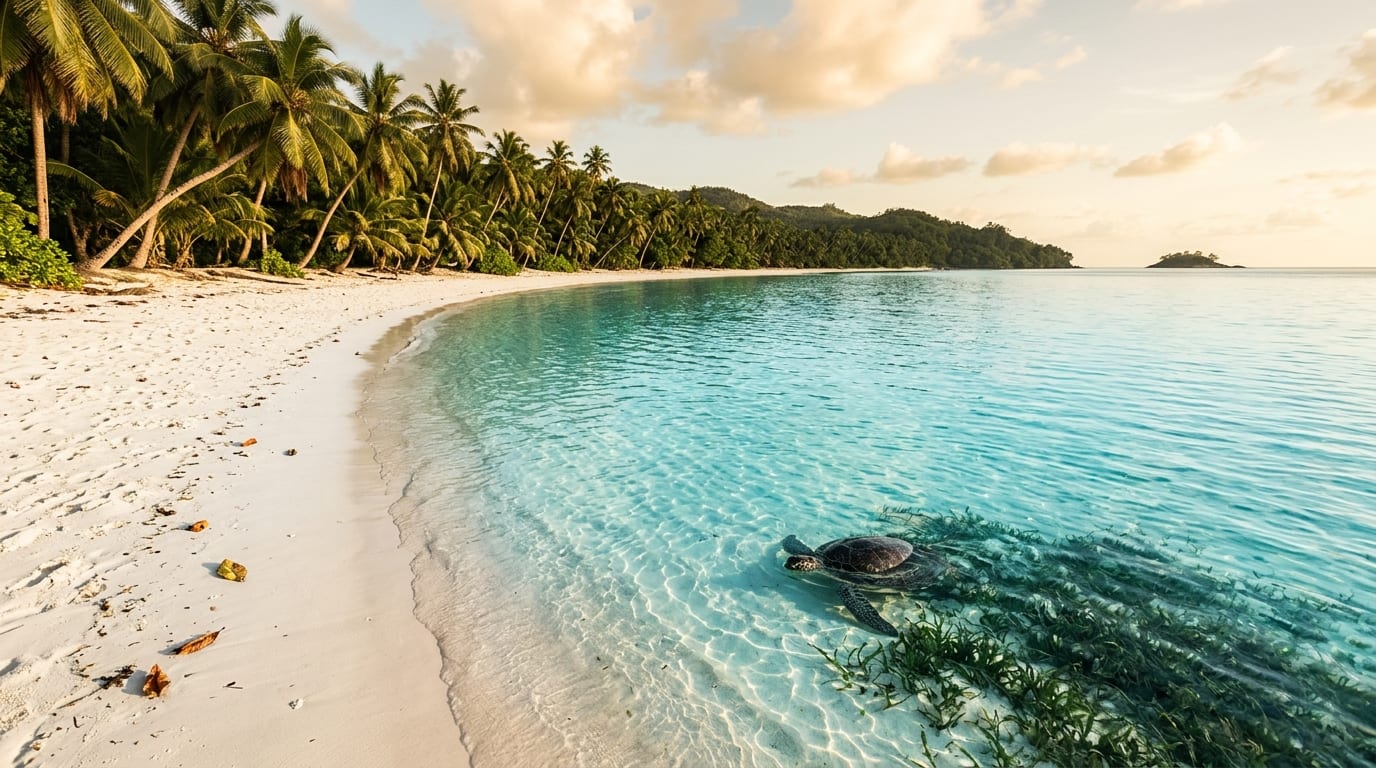 Coco Bay Beach on Green Turtle Cay with coconut palms leaning over calm turquoise water and white sand