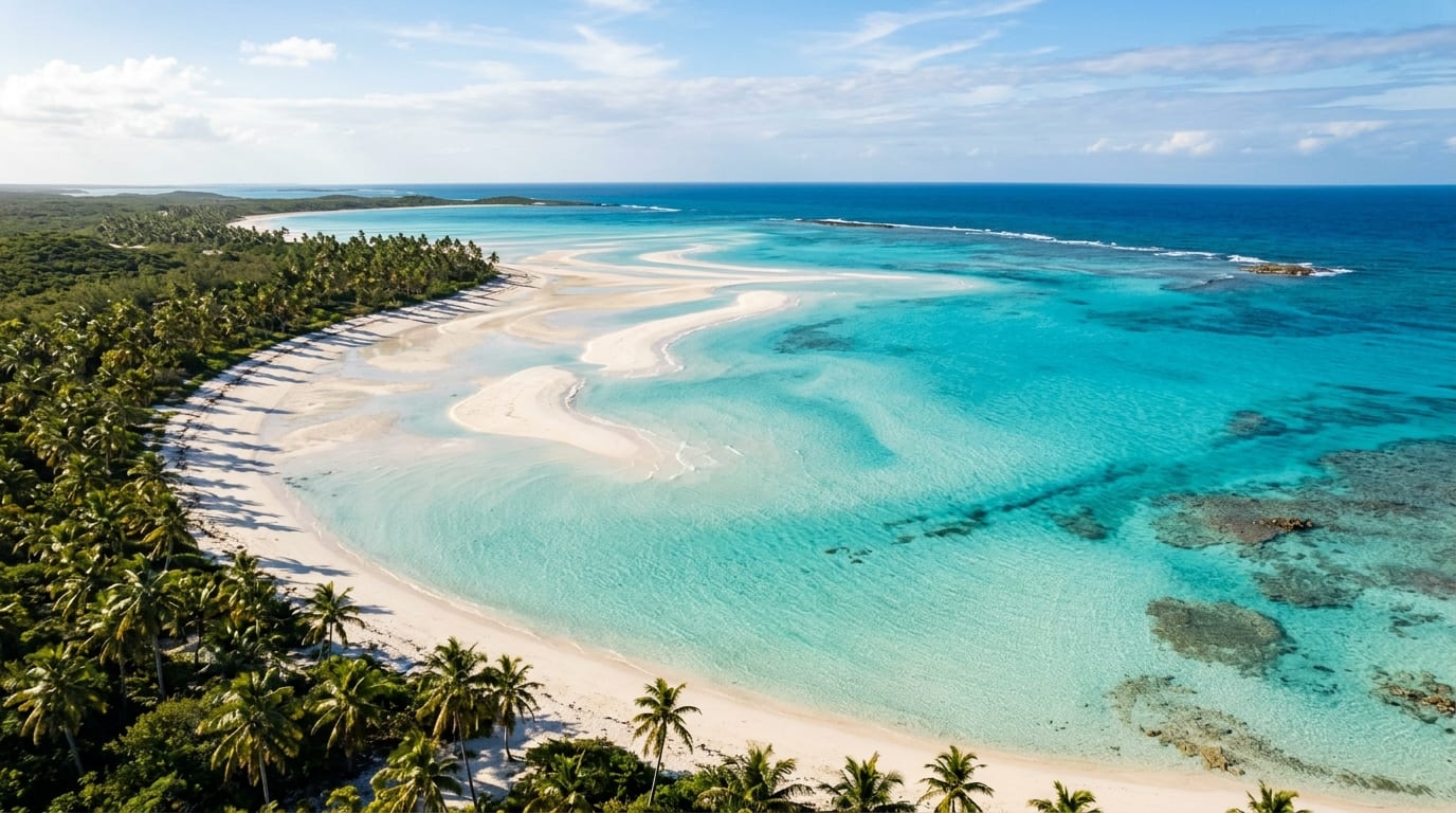 Aerial view of Coco Plum Beach showing white sandbars emerging at low tide with palm trees lining the shore