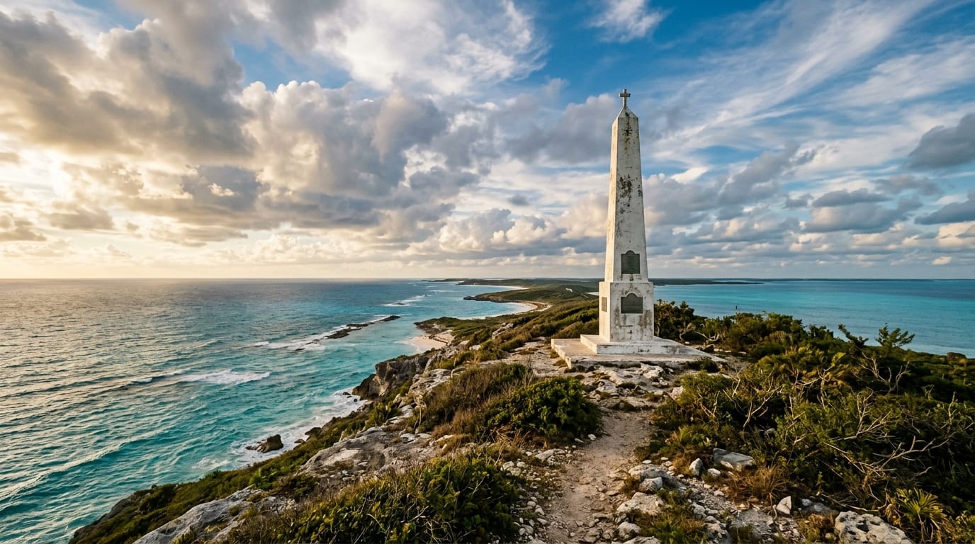 White concrete Columbus Monument obelisk on hilltop overlooking turquoise ocean at Long Island Bahamas