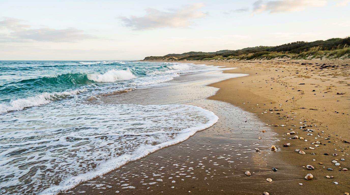 Golden sand beach at Combers Beach with Atlantic waves rolling in and assorted seashells scattered along the tide line