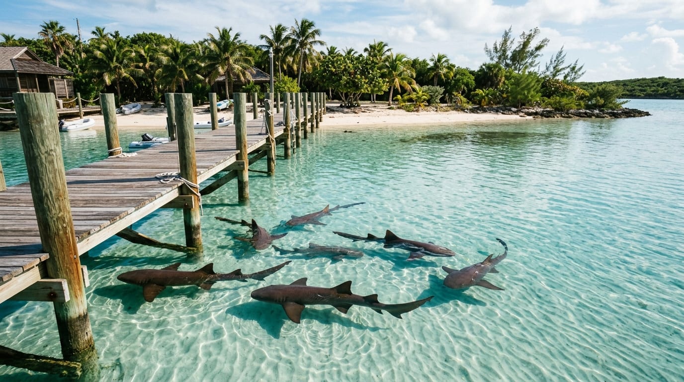 Nurse sharks swimming in crystal-clear shallow water at Compass Cay marina with wooden dock and Bahamian island vegetation in background