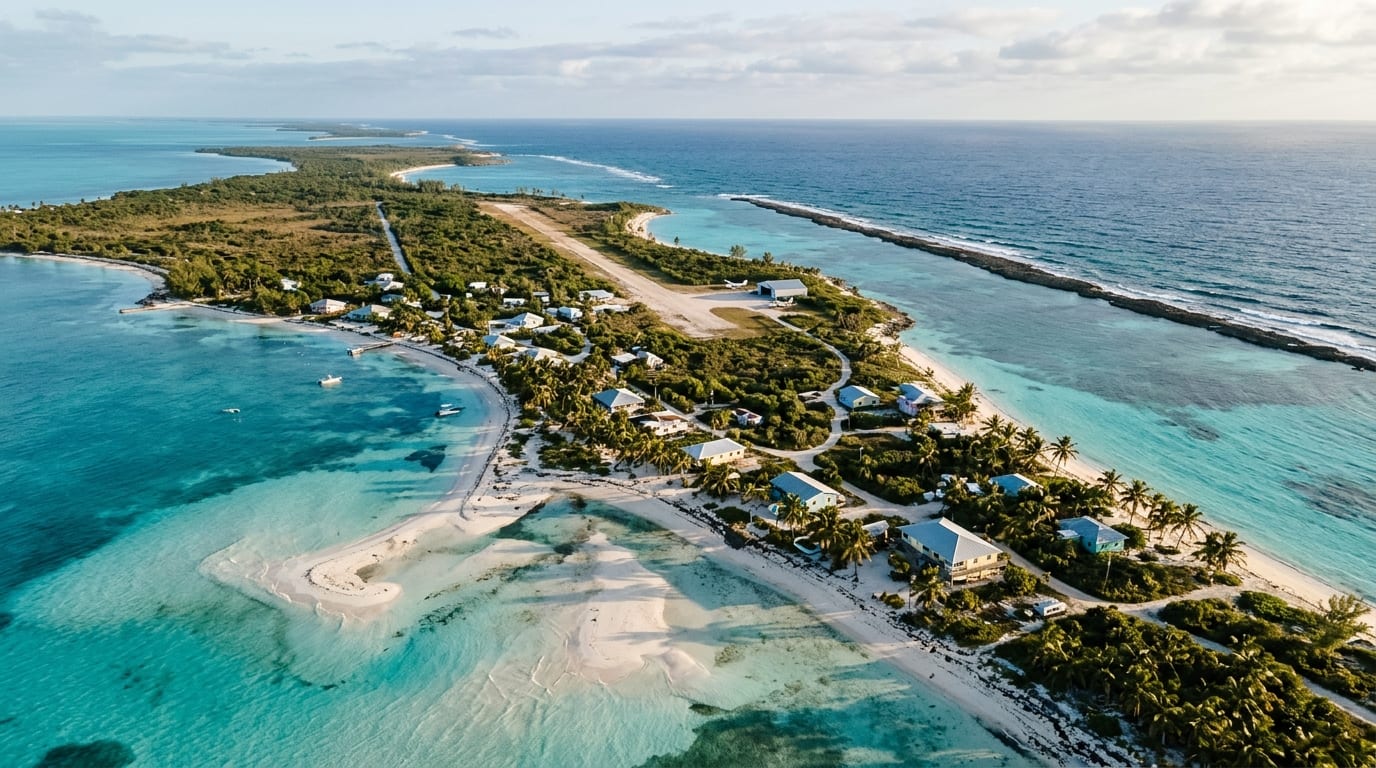 Aerial view of South Andros coastline showing the barrier reef, shallow flats, and the settlement of Congo Town along the shore