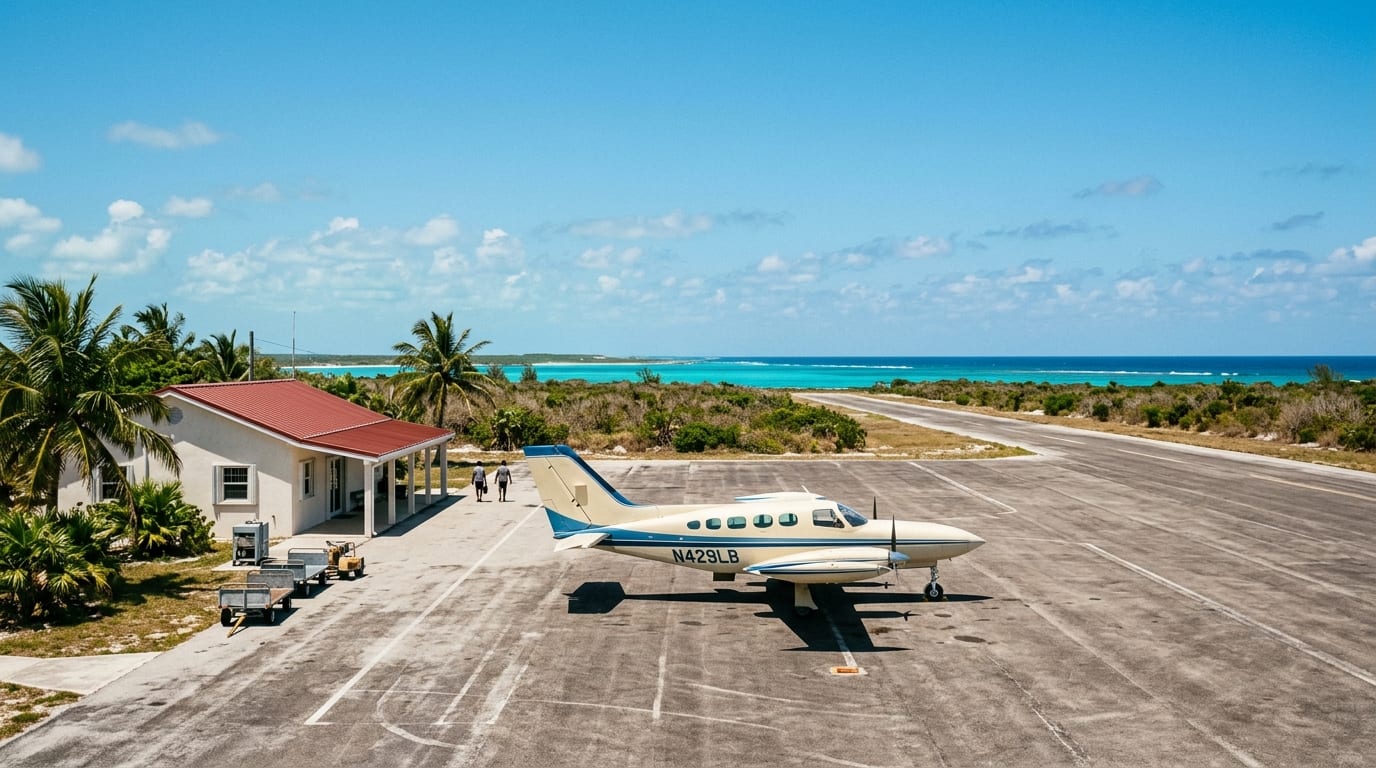 Small propeller plane at Deadman's Cay Airport runway with Long Island landscape in background