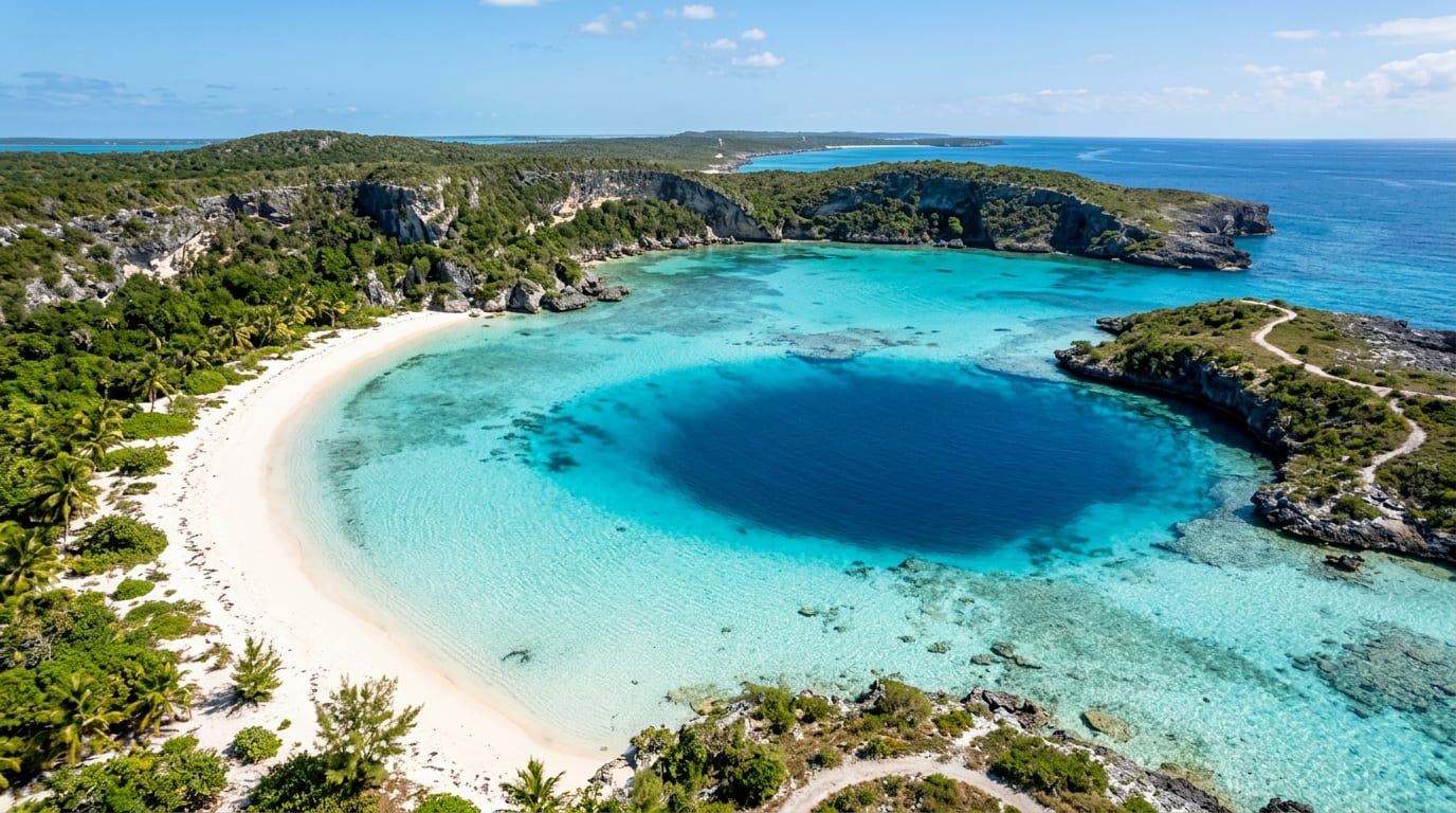 Dean's Blue Hole showing dramatic colour change from turquoise shallows to deep blue depths Long Island Bahamas