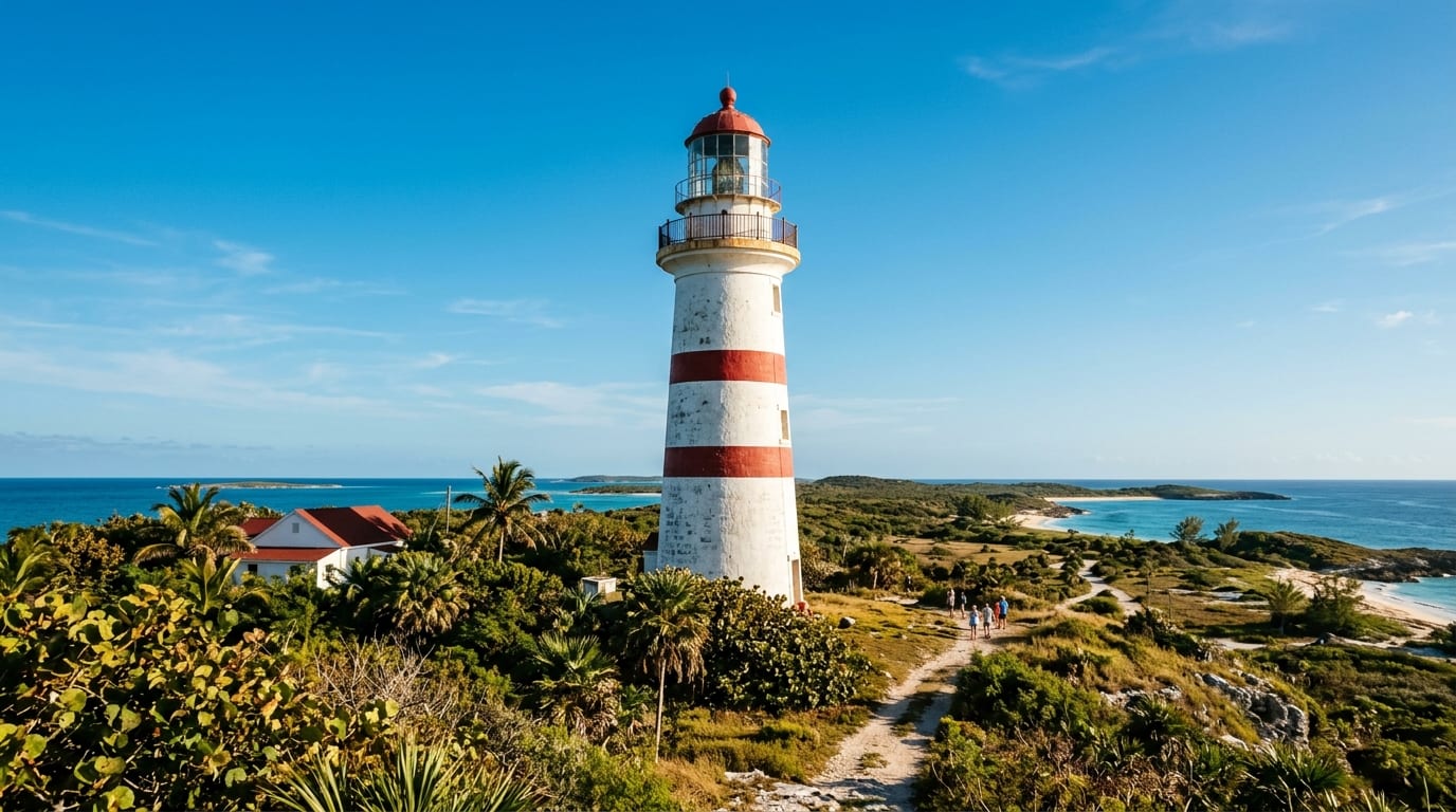 Historic Dixon Hill Lighthouse tower rising against blue sky on San Salvador island