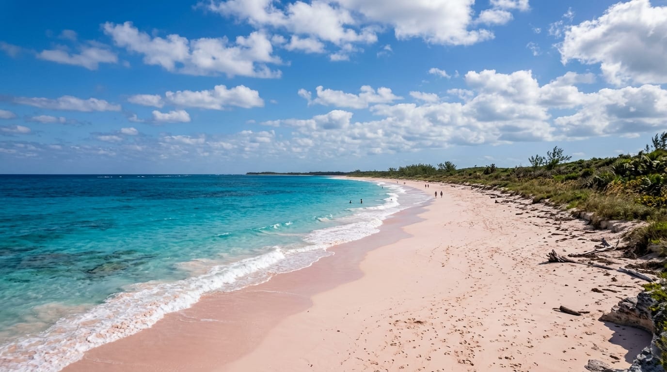 Expansive pink sand beach at Double Bay with vivid turquoise Atlantic waters stretching toward the horizon