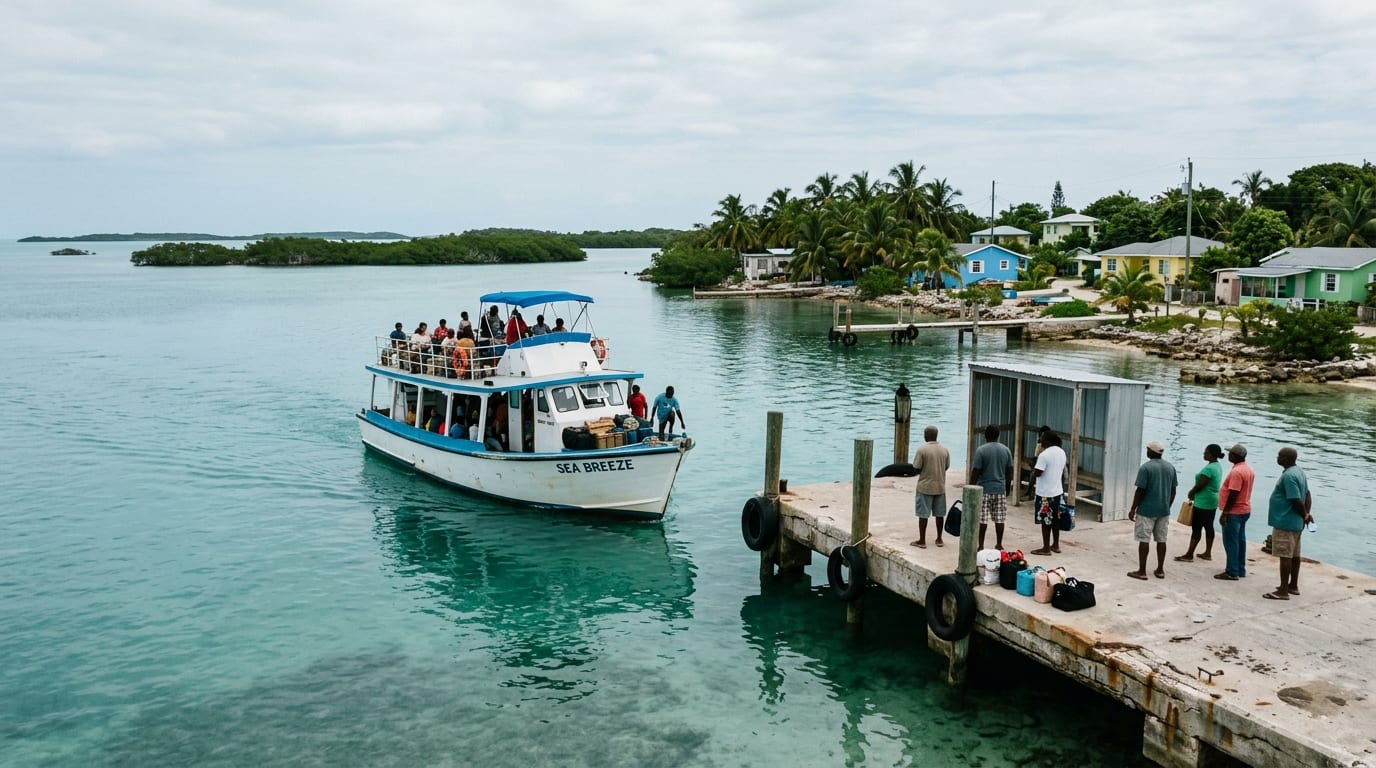 The ferry arriving at the Driggs Hill dock with calm turquoise waters of the South Bight stretching toward Mangrove Cay