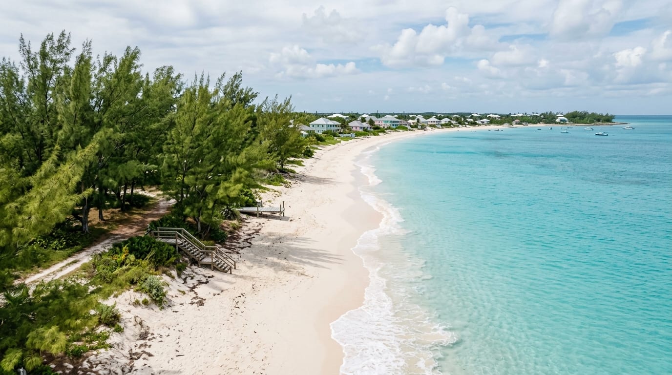 Long stretch of white sand beach with turquoise Caribbean water at Dunmore Beach Long Island Bahamas